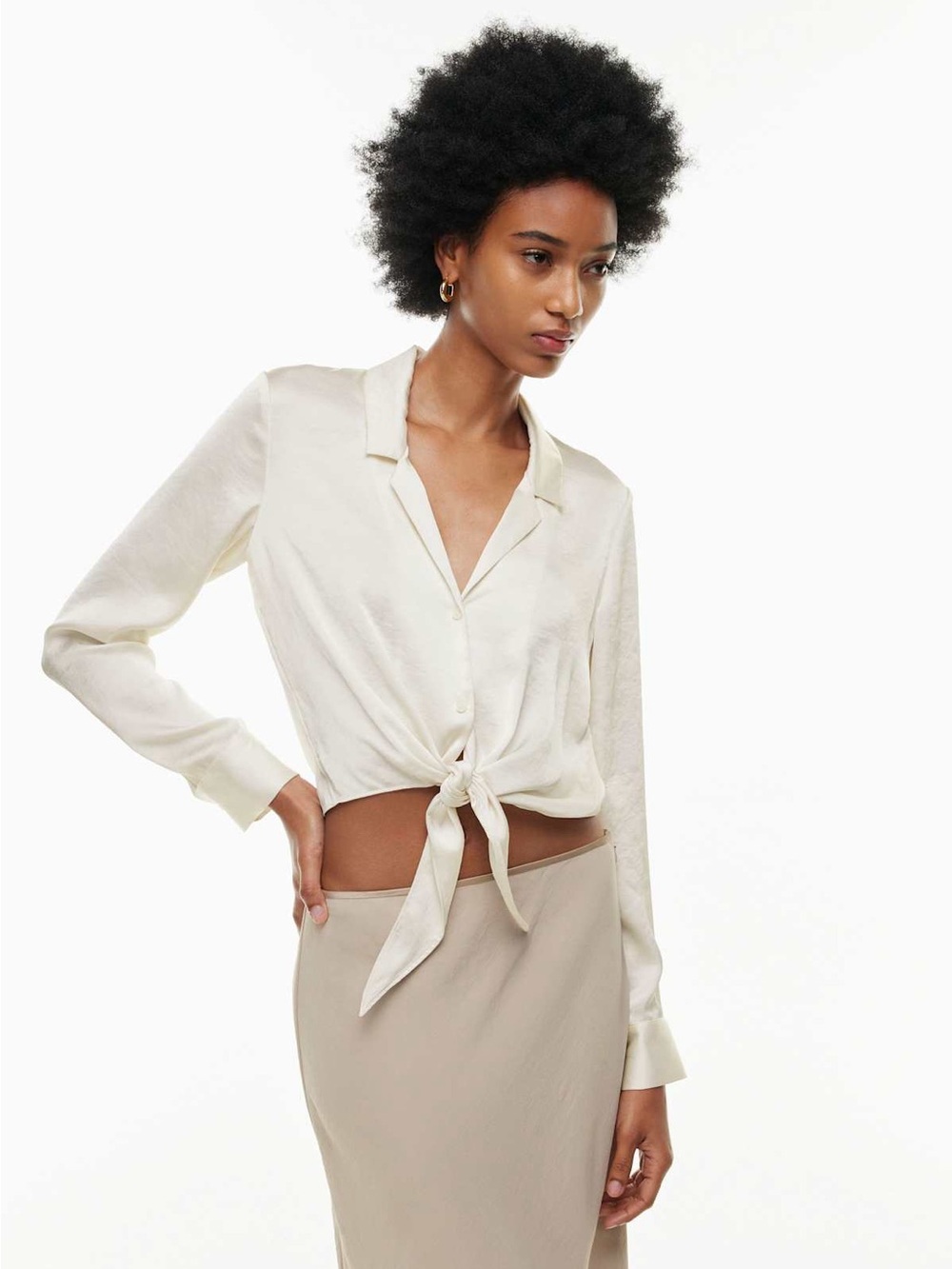 Aritzia Wilfred Tie-Front Satin Blouse Light Birch Size Small